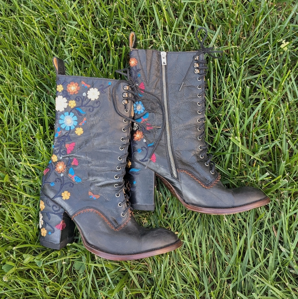 Old Gringo Cate Lace Up Cowboy Boots Black Women's Rare Retro Embroidered Floral